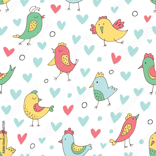 Simple seamless background with cute birds, hearts, flowers and clouds.