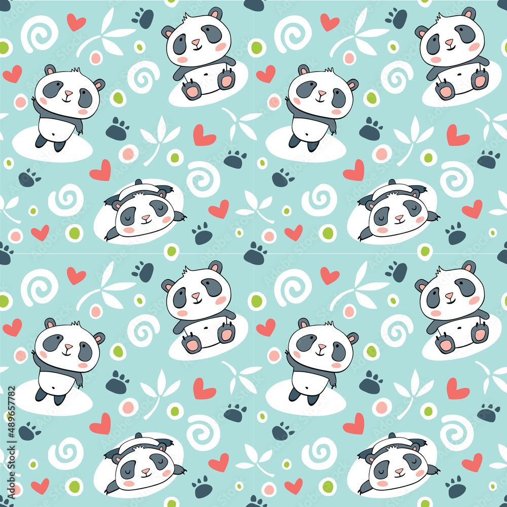 Seamless background with cute pandas, hearts, bamboo and sun. Seamless background with cute pandas, hearts, bamboo and sun.