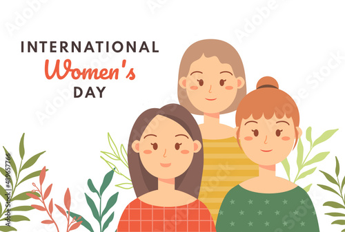 International Women's Day. Vector illustration of three happy smiling diverse women standing together