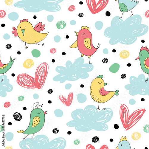 Simple seamless background with cute birds, hearts, flowers and clouds.