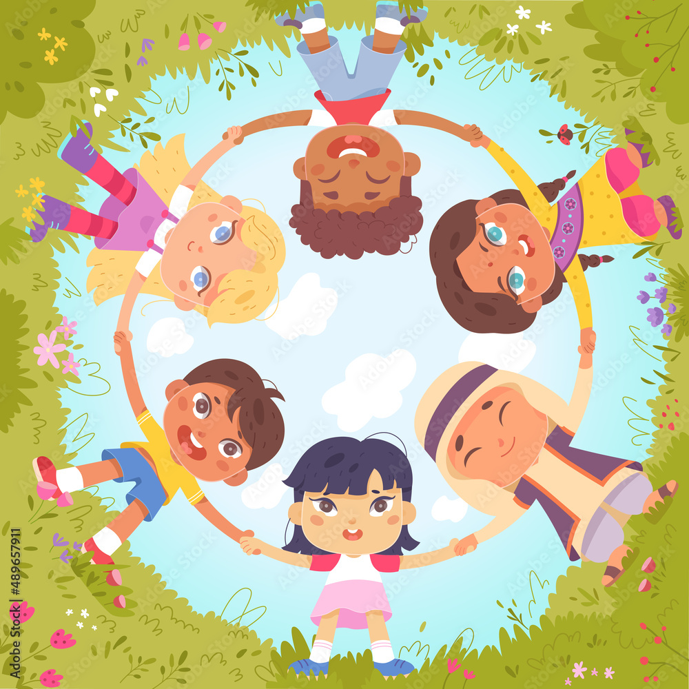 Fototapeta premium Diversity group of happy school friends holding hands, smiling children dance in circle