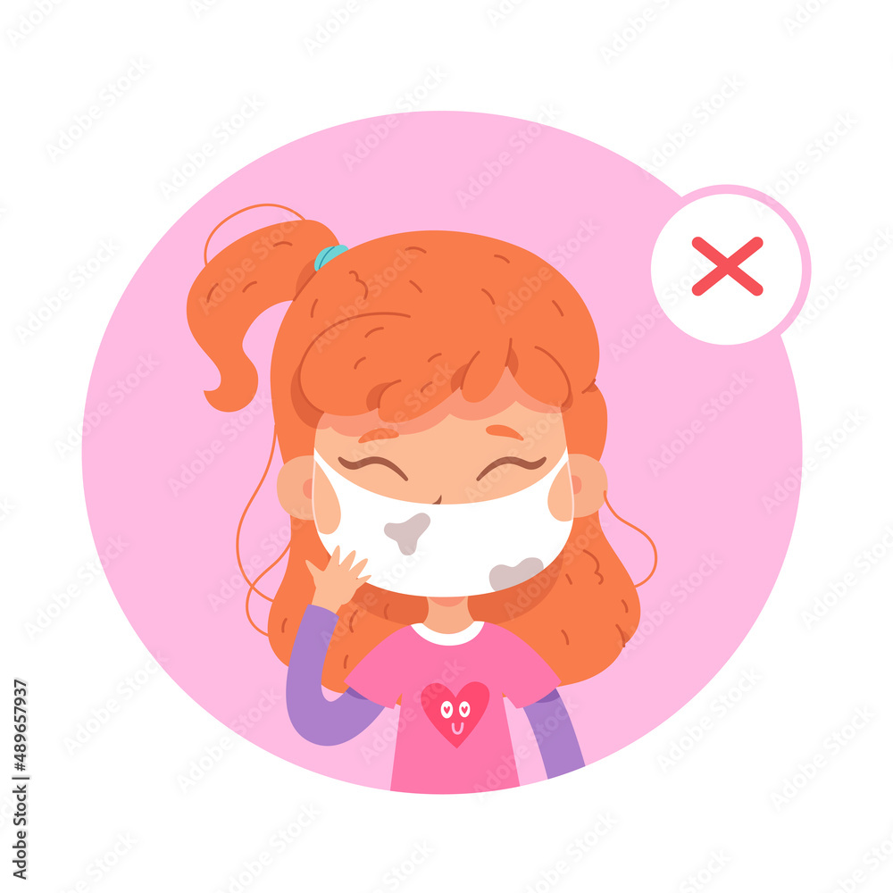 Girl wearing face mask with mistake, incorrect way to wear and use surgical facemask Girl wearing face mask with mistake, incorrect way to wear and use surgical facemask