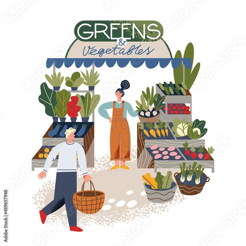 Small grocery shop in local food market with greengrocer, customer with basket buying