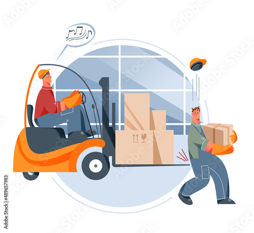 Factory accident with risk for health between careless forklift driver and colleague