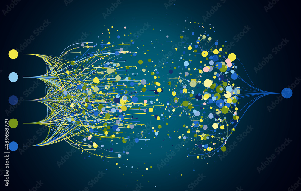 Abstractly arranged colored dots are connected by lines with sorted ...