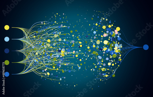 Abstractly arranged colored dots are connected by lines with sorted dots. Data concept.