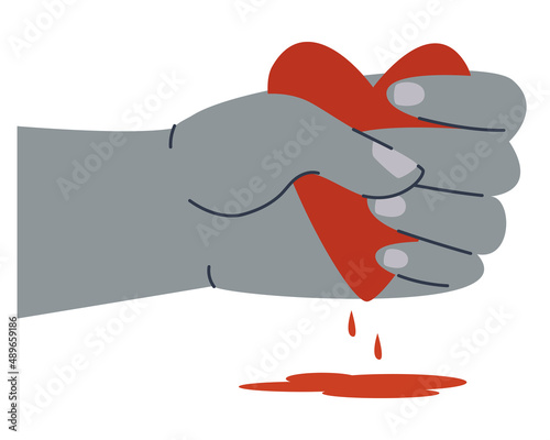 A gray hand clutches a heart. Show of strength. A pool of red blood. Flat vector illustration. Eps10
