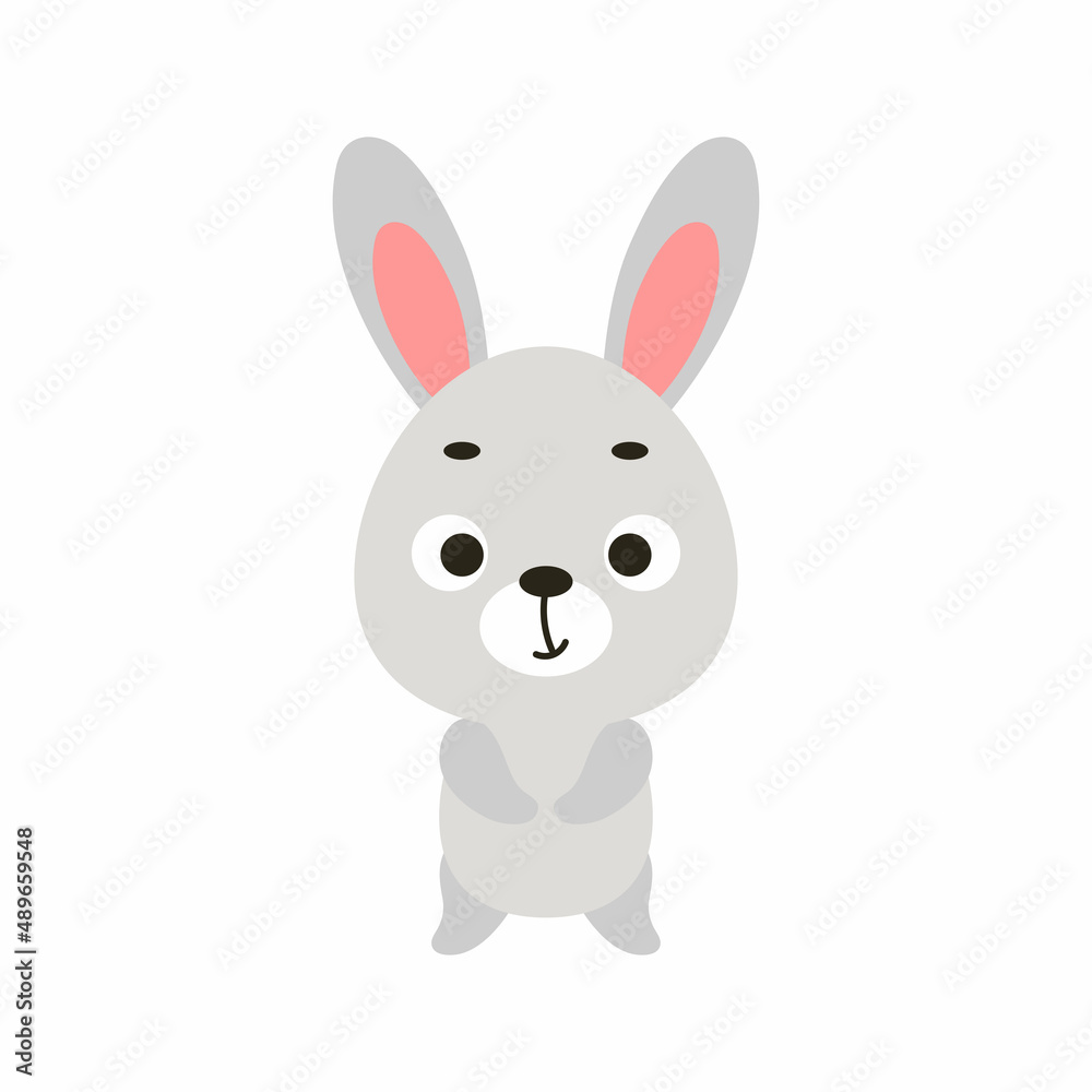 Cute little bunny on white background. Cartoon animal character for kids cards, baby shower, invitation, poster, t-shirt composition, house interior. Vector stock illustration.