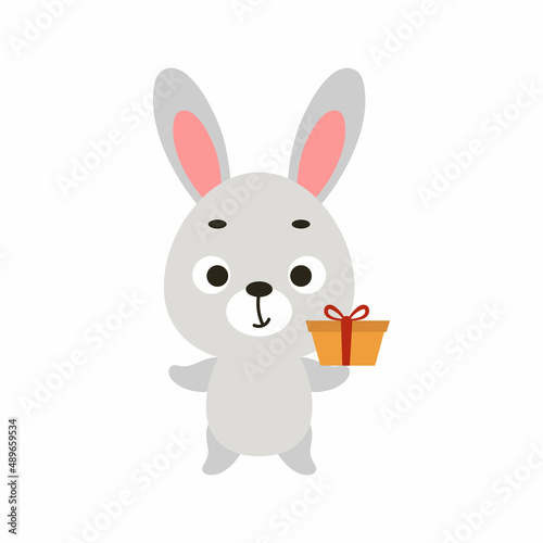 Cute bunny hold gift on white background. Cartoon animal character for kids cards, baby shower, invitation, poster, t-shirt composition, house interior. Vector stock illustration.