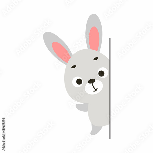 Fototapeta Naklejka Na Ścianę i Meble -  Cute little buuny peeking around the corner on white background. Cartoon animal character for kids cards, baby shower, invitation, poster, t-shirt composition. Vector stock illustration.