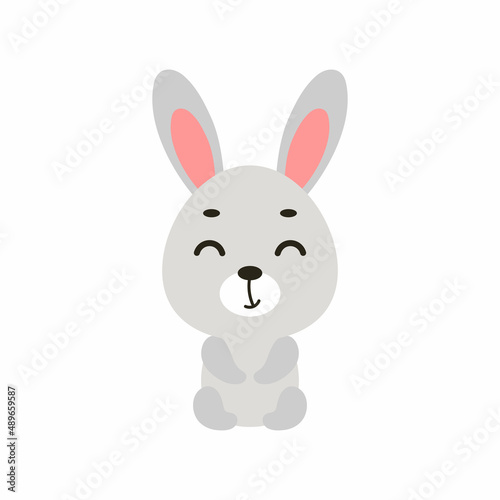 Cute little sitting bunny on white background. Cartoon animal character for kids cards, baby shower, invitation, poster, t-shirt composition, house interior. Vector stock illustration. © Jexy