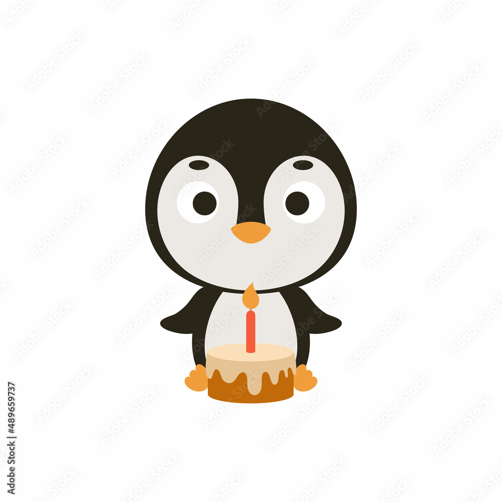 Cute little penguin with birthday cake on white background. Cartoon animal character for kids cards, baby shower, invitation, poster, t-shirt composition, house interior. Vector stock illustration. Cute little penguin with birthday cake on white background. Cartoon animal character for kids cards, baby shower, invitation, poster, t-shirt composition, house interior. Vector stock illustration.