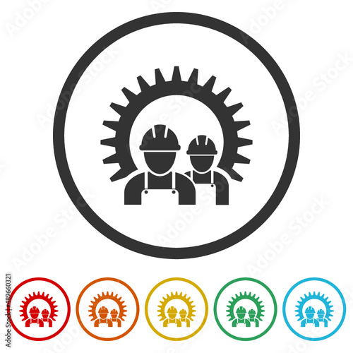 Industrial workers with gear ring icon, color set