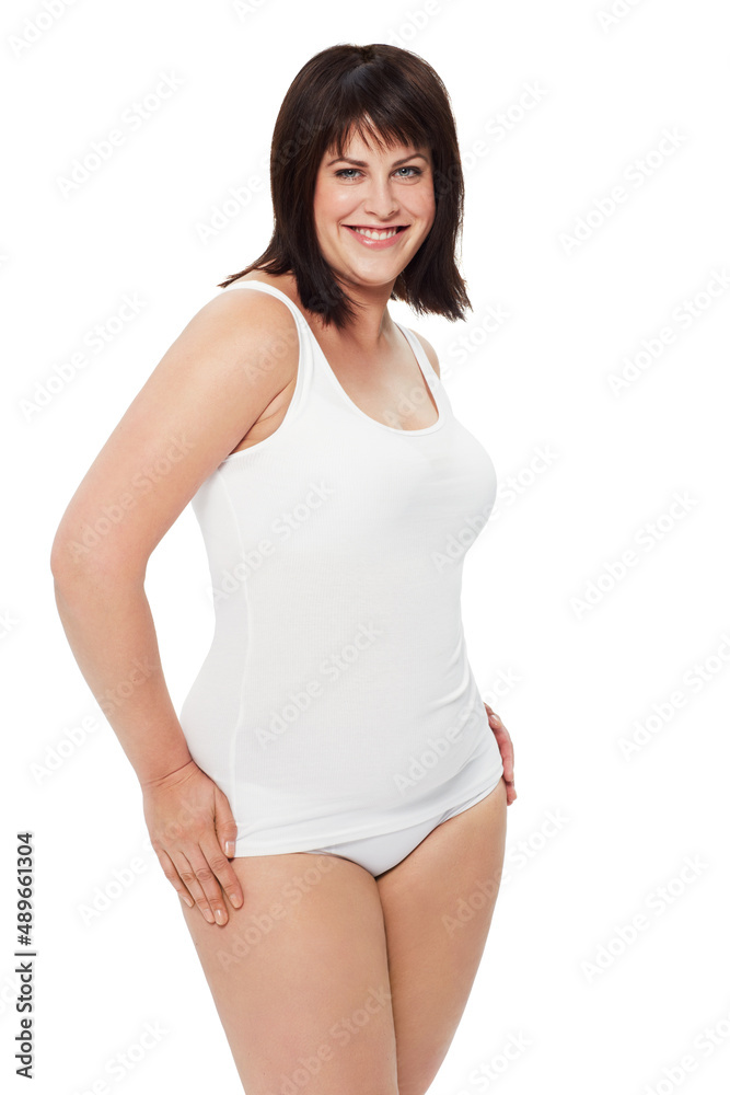 Im comfortable with who I am. Studio shot of a positive-looking young plus-size model wearing underwear isolated on white. Im comfortable with who I am. Studio shot of a positive-looking young plus-size model wearing underwear isolated on white.