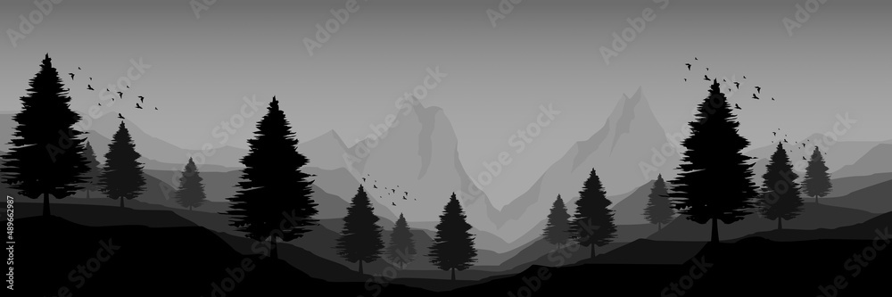 Fototapeta premium monochrome mountain landscape forest silhouette flat design vector good for wallpaper, background, backdrop, banner, header, tourism design, mountain travel design and design template 