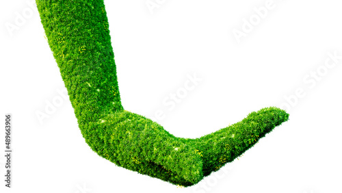 Hand cover by grass, mother nature concept. Hand reaching. empty, arm and hand. 3D rendering. full of grass or made of green field. Eco-friendly and sustainable message. good for text and slide.
