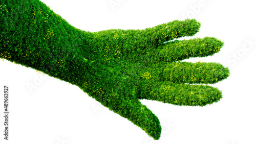 Hand cover by grass, mother nature concept. Hand reaching. empty, arm and hand. 3D rendering. full of grass or made of green field. Eco-friendly and sustainable message. good for text and slide. 