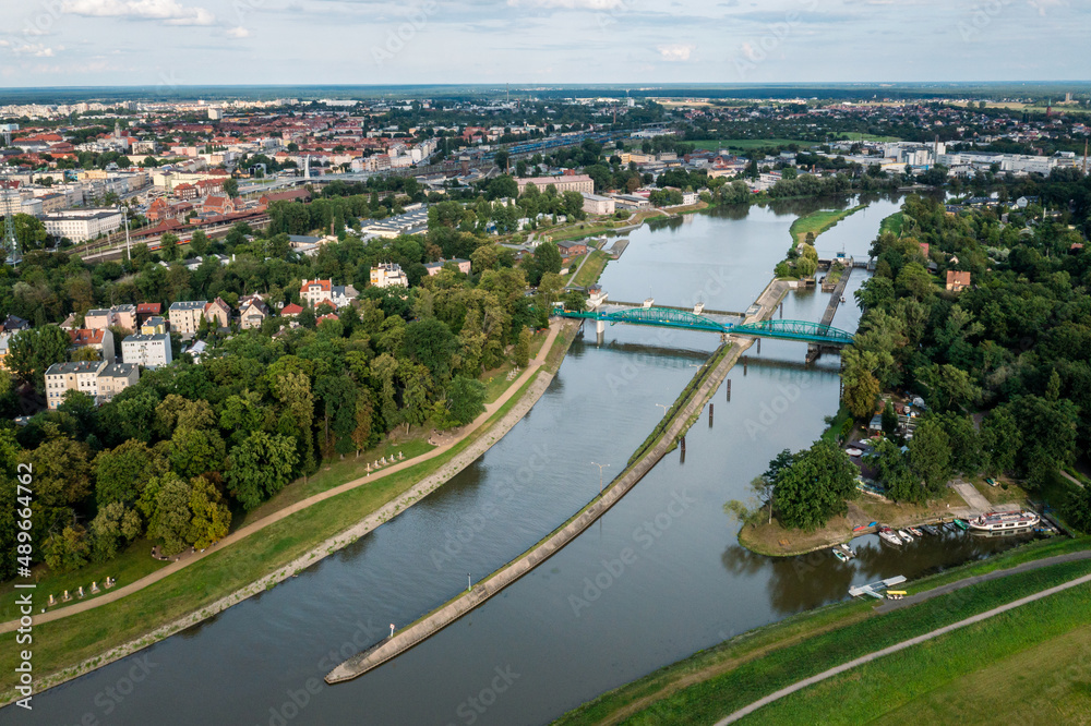 Opole, drone aerial view of bridge over Odra Oder river.