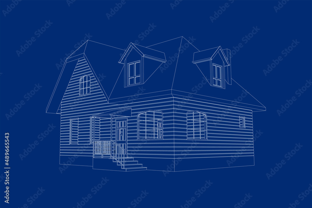 3D suburban house model. Drawing of the modern building. Cottage project on blue background. Interesting vector blueprint. 3D suburban house model. Drawing of the modern building. Cottage project on blue background. Interesting vector blueprint.