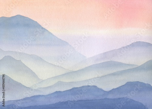 Watercolor landscape, mountain view. Blue mountains against the sunset sky.