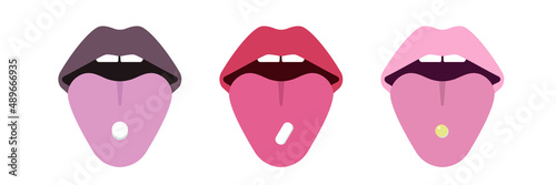Pill on tongue set. Concept illustration of the medicine. Pharmaceutical, medical, health tablet. Oral Medication.Vector