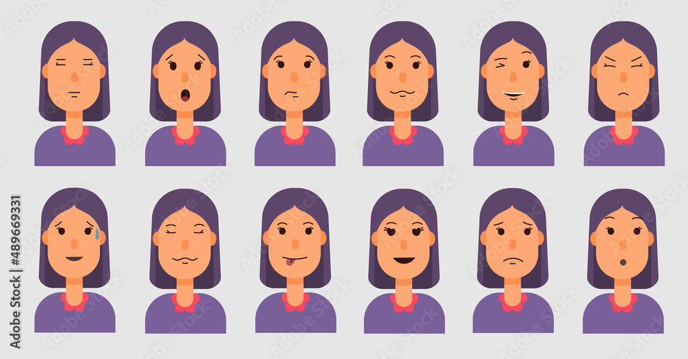 A set of emotions 12 pieces in flat style cute girl in a dress avatar A set of emotions 12 pieces in flat style cute girl in a dress avatar