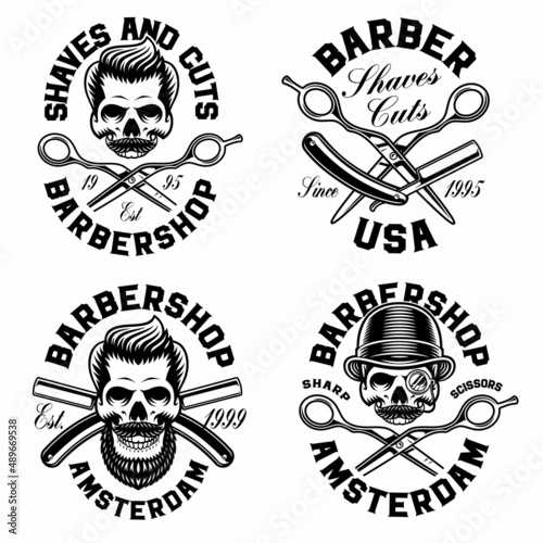 A set of black and white barbershop illustrations, these designs can be used as logos or shirt prints