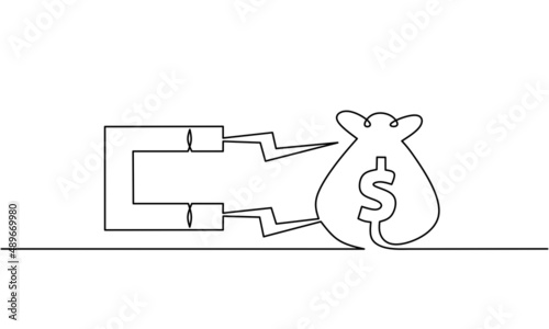 Continuous line drawing of magnet with money bag, business growth, object one line, single line art, vector illustration