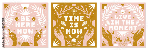 Boho celestial vector posters with inspirational quotes in trendy bohemian style. Tarot magic card.