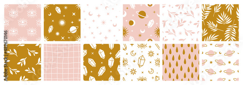 Boho celestial seamless patterns with with constellations, sun, moon, magic eyes, stars, cosmic and floral elements.