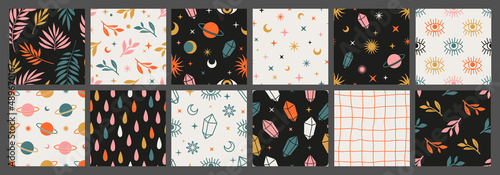 Boho celestial seamless patterns with with constellations, sun, moon, magic eyes, stars, cosmic and floral elements.