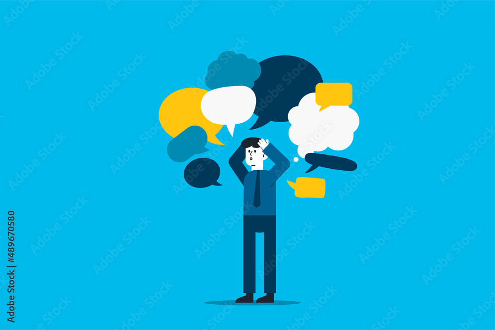 Businessman with speech bubble. thinking, ruminating, overthinking, stressful, looking for ideas. Businessman with speech bubble. thinking, ruminating, overthinking, stressful, looking for ideas.