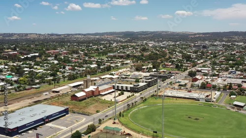 Sports oval of Wagga Wagga city in rural NSW of Australia – aerial 4k.
 photo