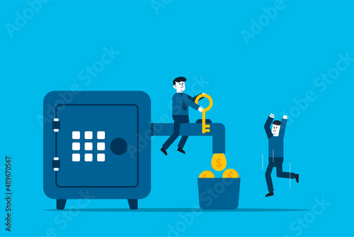 Cash flow with tiny businessmen open the tap symbol. Concept key to financial success. Unlocking finances. Money coins flow from tap.