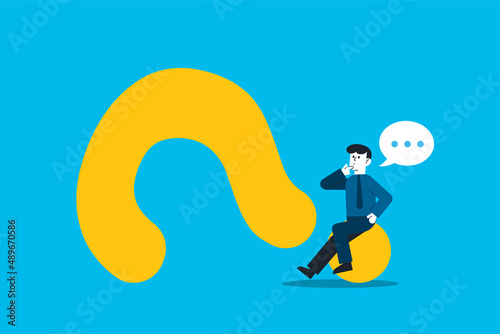 Man sitting on big question mark symbol. leadership skill to find solution or answer for business problem concept.