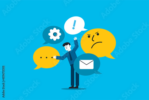 Over thinking obsessive in work tried depressed businessman carry heavy thinking bubble burden.