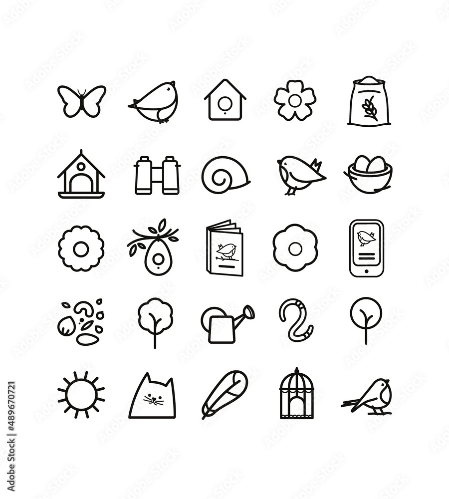 Fototapeta premium symbole oiseau, accessoires et objets pour les passereaux du jardin, association de protection des oiseaux, sticker oiseau, observation, ornithologie, application