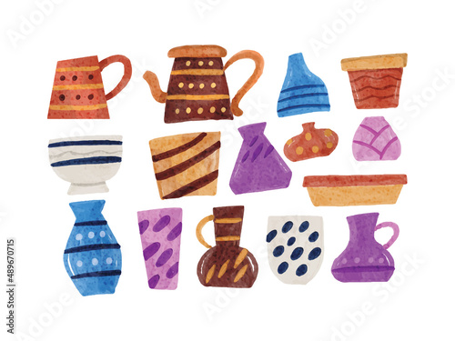 Collection of Clay Pottery Vase Watercolor Illustration