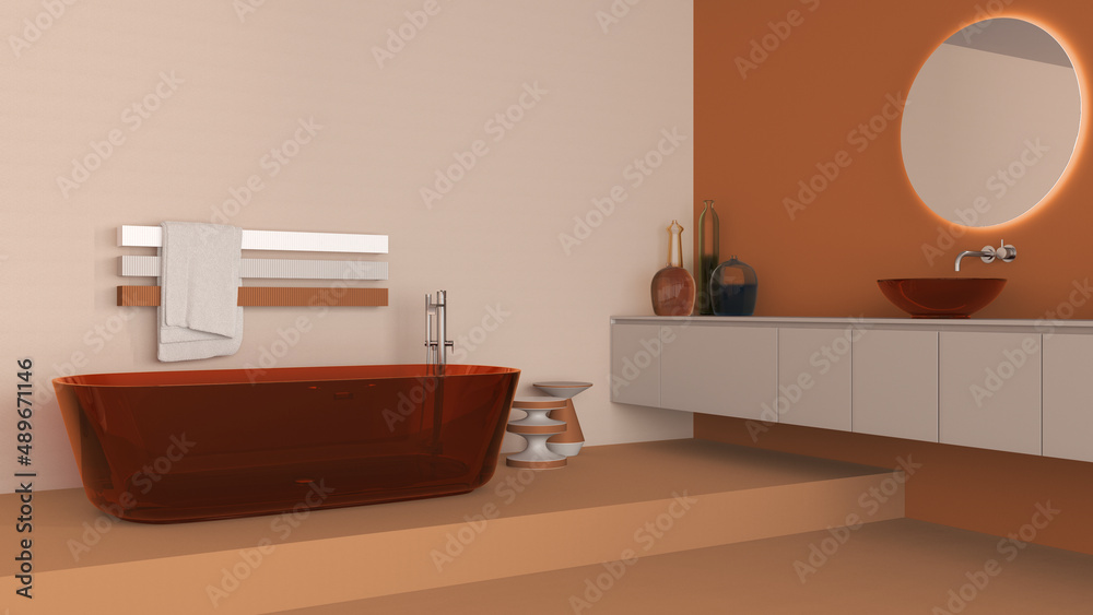 Showcase bathroom interior design in orange and beige tones, glass freestanding bathtub and wash basing. Round mirrors, faucets, modern carpet, floor lamp, tables. Minimalist project Showcase bathroom interior design in orange and beige tones, glass freestanding bathtub and wash basing. Round mirrors, faucets, modern carpet, floor lamp, tables. Minimalist project