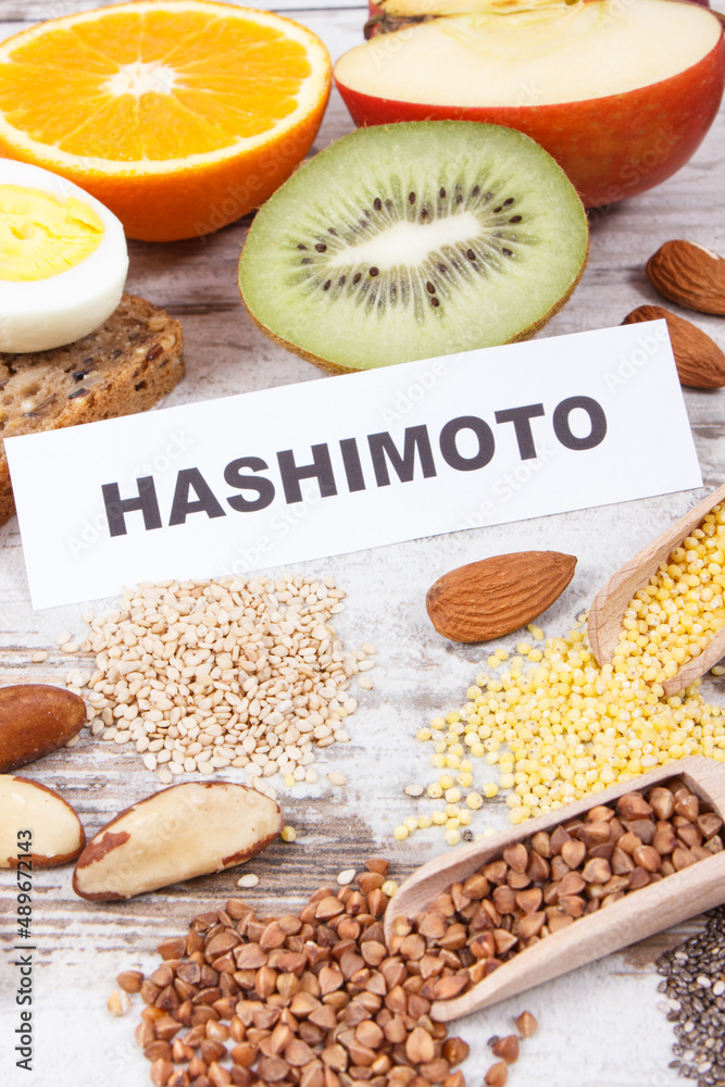 Nutritious healthy ingredients and inscription hashimoto. Problems with thyroid concept Nutritious healthy ingredients and inscription hashimoto. Problems with thyroid concept