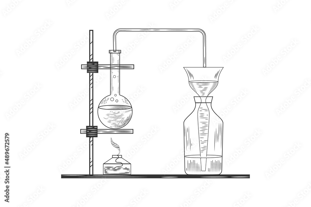 Sketch of a physics or chemical laboratory experiment and equipment. Vector pharmaceutical glass flasks, beakers and test tubes in old engraving style. Sketch of a physics or chemical laboratory experiment and equipment. Vector pharmaceutical glass flasks, beakers and test tubes in old engraving style.