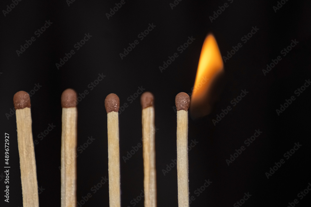 Five identical matches on a black background. Teamwork, employee equality. A team of like-minded people. Five identical matches on a black background. Teamwork, employee equality. A team of like-minded people.