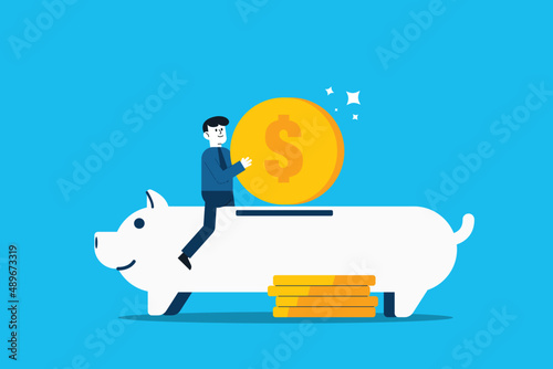 Businessman character putting money in a piggy bank. Savings concept