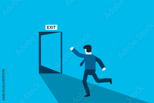 Businessman run to open exit door. Emergency escape and evacuation from office vector business concept.