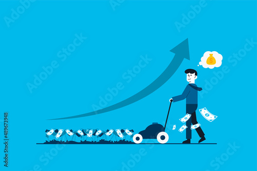 Return on investment performance measure from cost invested. Businessman cuts money like a lawnmower man concept.