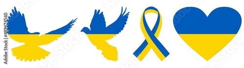 Symbols of freedom dove, heart, ribbon in the colors of Ukraine.