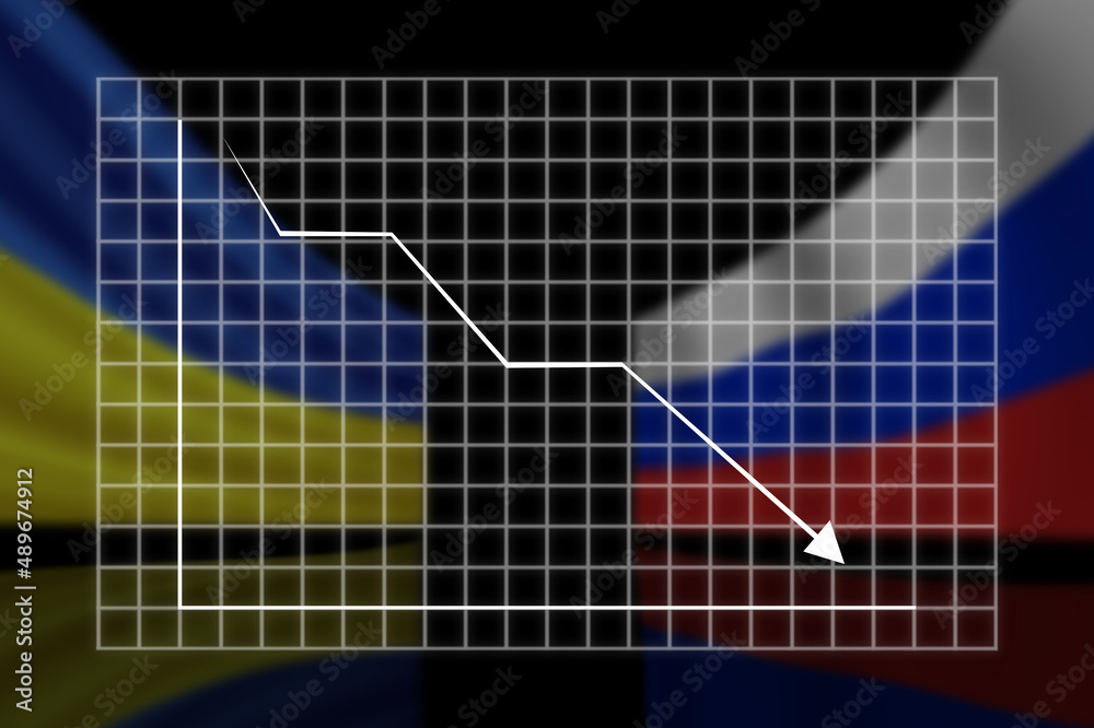 graph of the fall against the background of the flags of Ukraine and Russia . graph of the fall against the background of the flags of Ukraine and Russia .