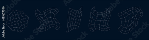 A set of distorted square grids. Abstract mesh surface graphic element. Vector collection of modern poster or cover decor.