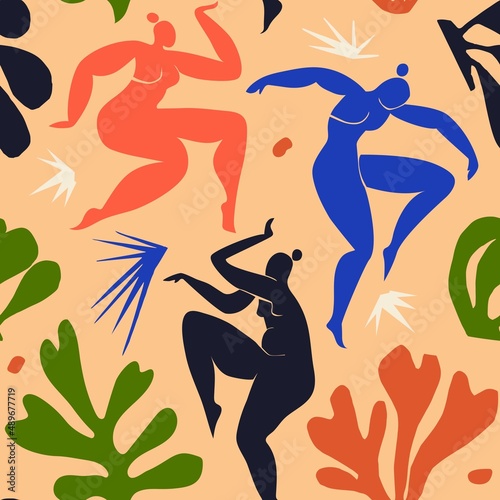 Seamless pattern with dancing abstract women inspired by Matisse. Women's dance among abstract plants and stars. Bright colored background vector illustration.