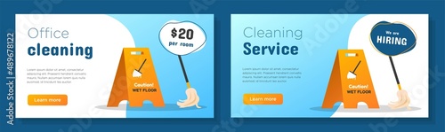 Cleaning service job online banner template set, hiring cleaning employees corporate advertisement, horizontal ad, floor mop campaign webpage, flyer, creative brochure, isolated on background